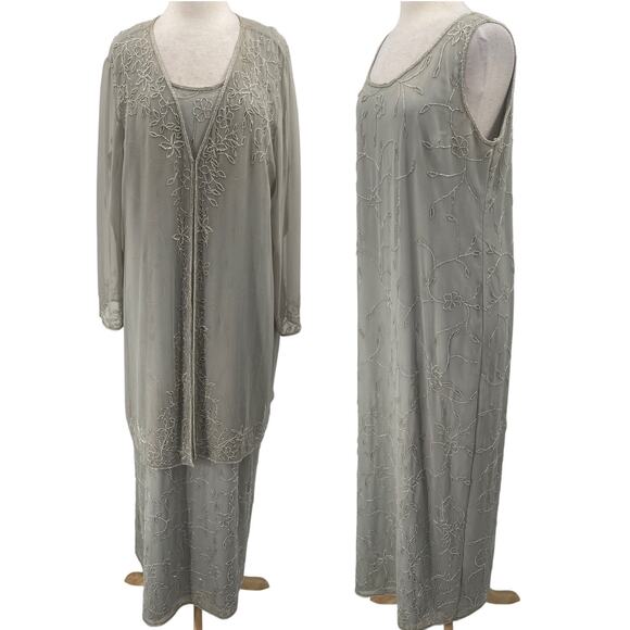 Vintage Scala Beaded Gown Matching Set Semi Sheer Duster Silver Plus Womens 1X - Picture 1 of 16